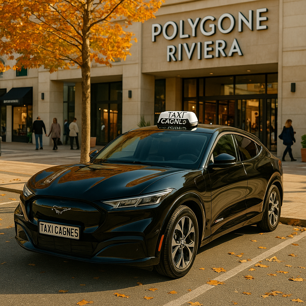 Taxi Cagnes Nicolas 🚖 Mustang Mach-E noire à l’entrée du Polygone Riviera. Service local, fiable et disponible 24/7. Image