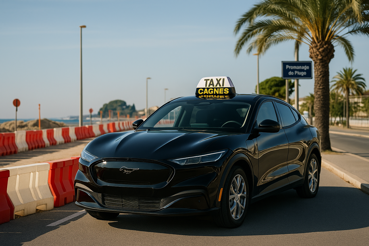 Taxi Cagnes Nicolas 🚖 Mustang Mach-E noire devant la Promenade de la Plage en travaux à Cagnes-sur-Mer. Service local fiable et réactif. Image