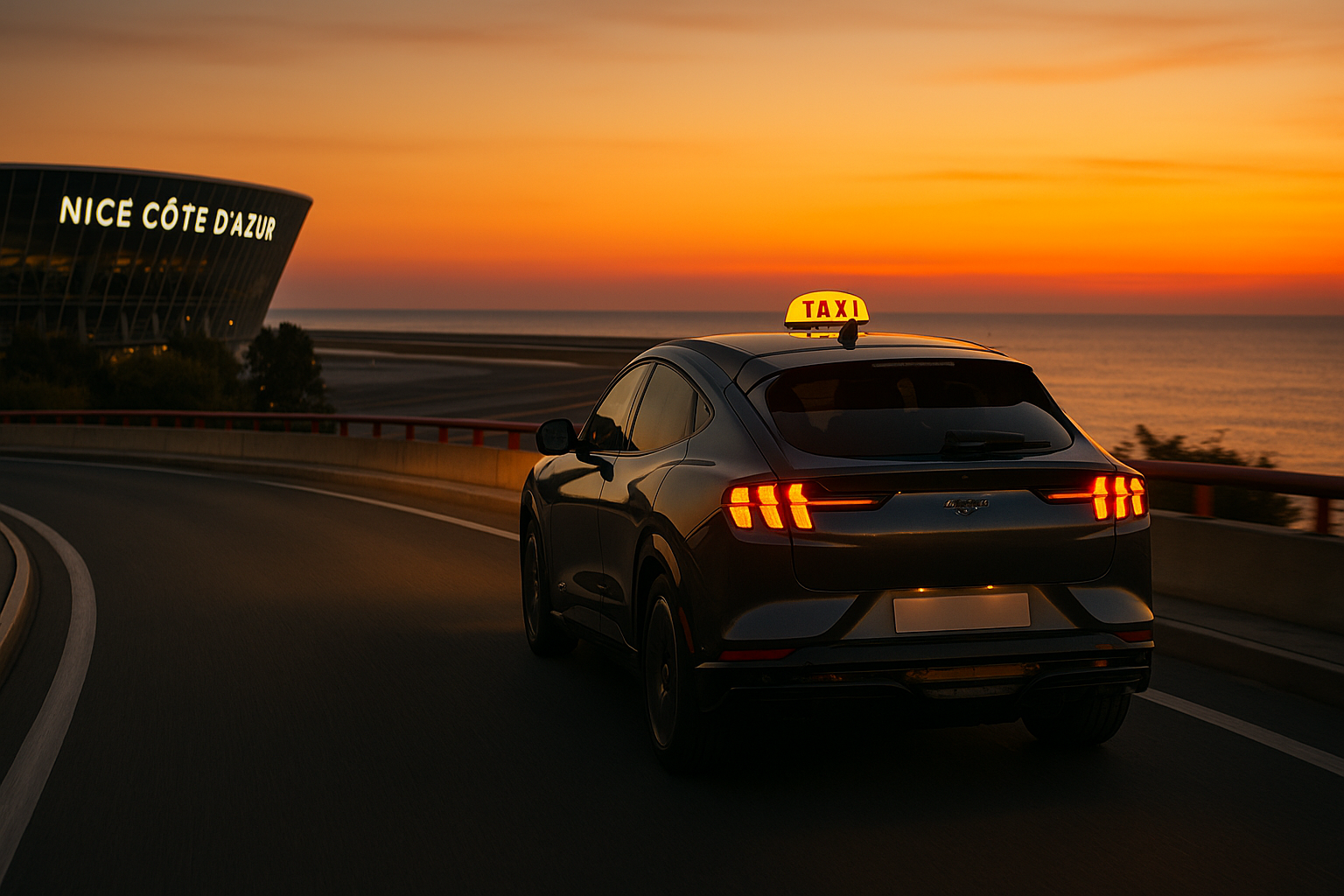 Taxi à l’aéroport Nice Côte d’Azur – Mustang Mach-E GT roulant vers Saint-Tropez (vue mer, lamparo allumé, style professionnel) Image