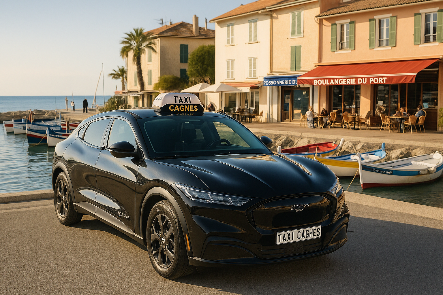 Taxi Cagnes Nicolas 🚖 Mustang Mach-E noire au Cros-de-Cagnes, entre barques et commerces locaux. Service de proximité 24/7. Image