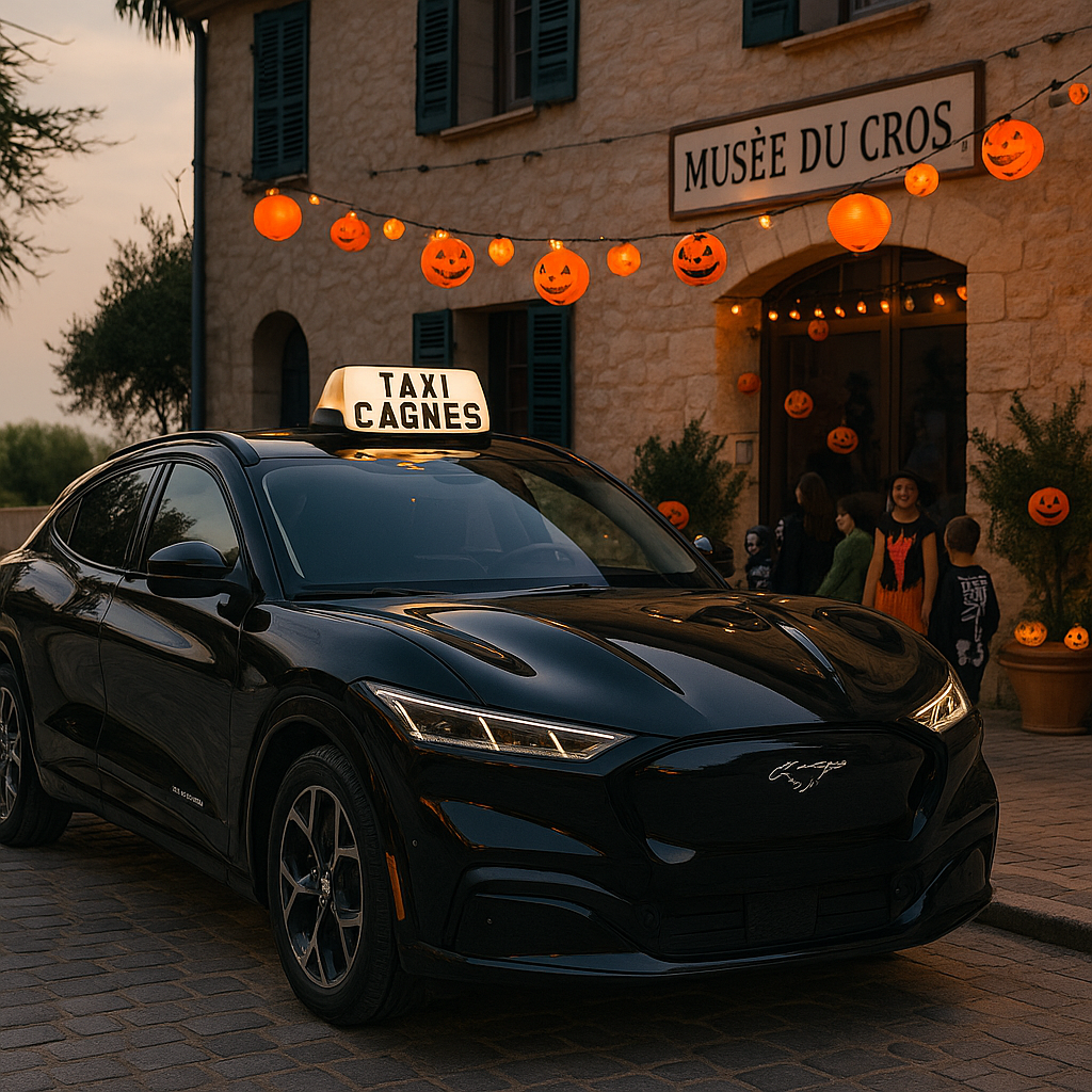Taxi Cagnes Nicolas 🚖 Présent au Musée du Cros-de-Cagnes décoré pour Halloween. Service taxi local, festif et disponible 24/7. Image