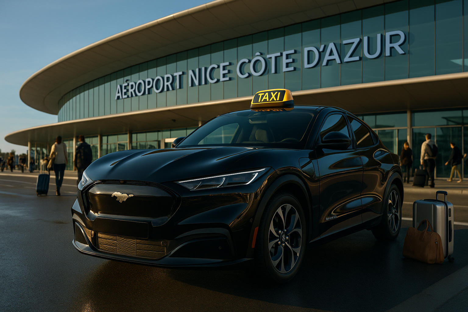 Taxi Cagnes Nicolas – Transfert aéroport de Nice Côte d’Azur et gares – Chauffeur professionnel en Mustang Mach-E GT électrique, service 24 h/24, confort premium, suivi de vol et aide bagages sur la Côte d’Azur (Cagnes-sur-Mer, Antibes, Cannes, Monaco). Image