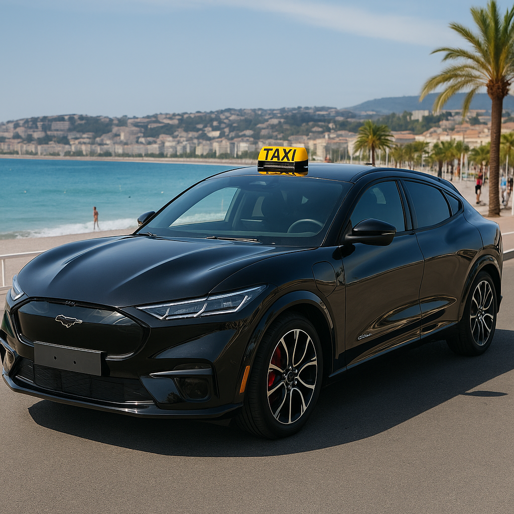 Chauffeur privé haut de gamme à Cagnes-sur-Mer – Taxi Cagnes Nicolas en Mustang Mach-E GT électrique, service premium pour transferts Côte d’Azur, Monaco, Nice, Cannes, 24 h/24. Image