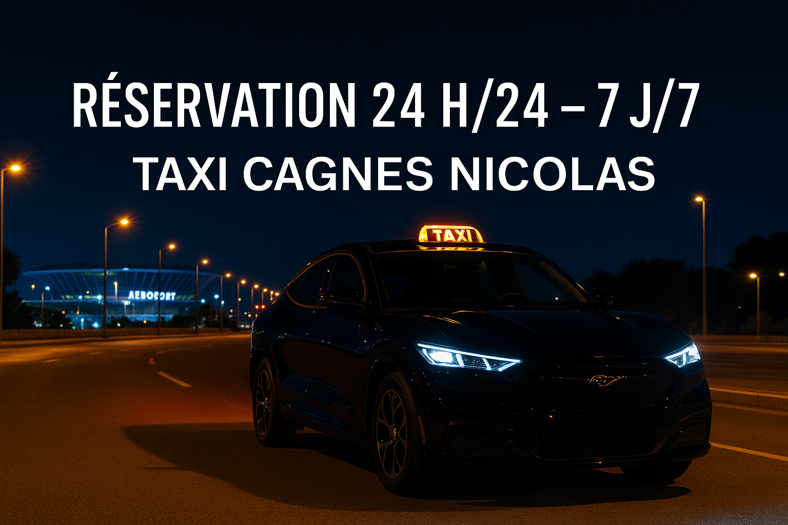 Taxi Cagnes Nicolas – Service de réservation 24 h/24 et 7 j/7 à Cagnes-sur-Mer. Chauffeur disponible jour et nuit pour transferts aéroport, gares et longues distances, véhicule Mustang Mach-E GT. Image