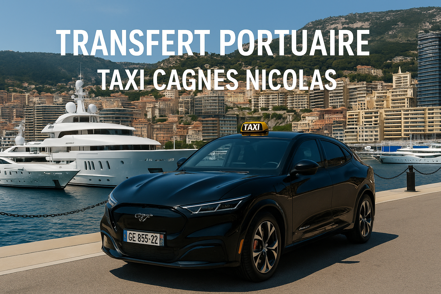 Taxi Cagnes Nicolas – Transfert portuaire et croisières depuis Nice, Cannes, Monaco, Antibes et Villefranche-sur-Mer. Chauffeur haut de gamme, véhicule Mustang Mach-E GT, accueil terminal et confort premium. Image